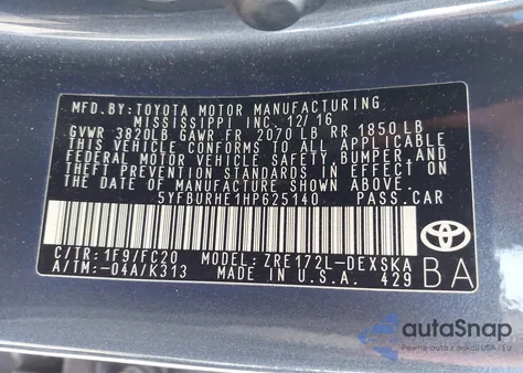2017 Toyota Corolla Se from USA, damaged, VIN 5YFBURHE1HP625140